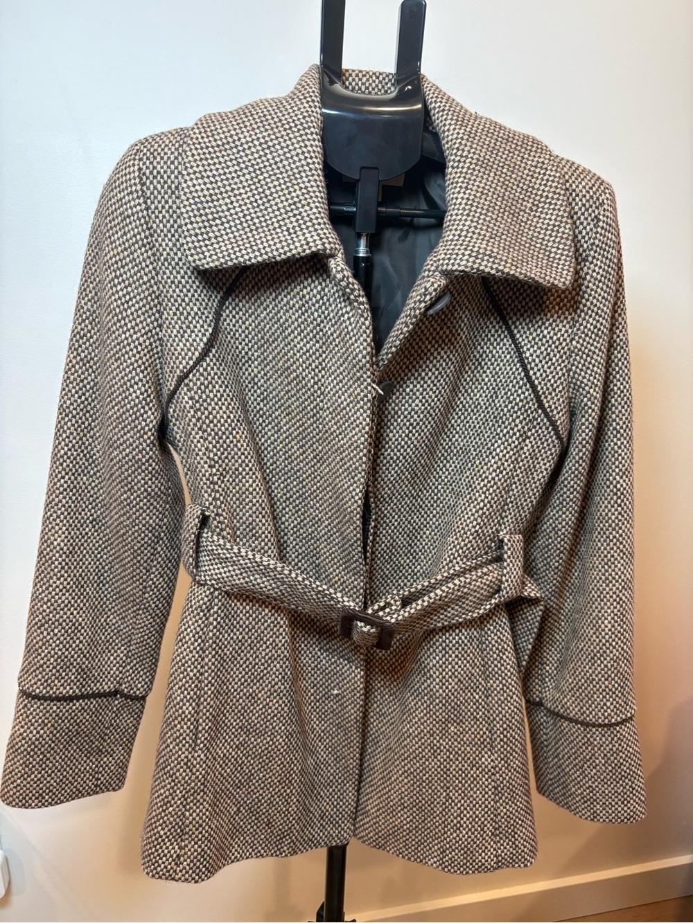 Merona Woven Tweed Belted Peacoat in Cream and Black